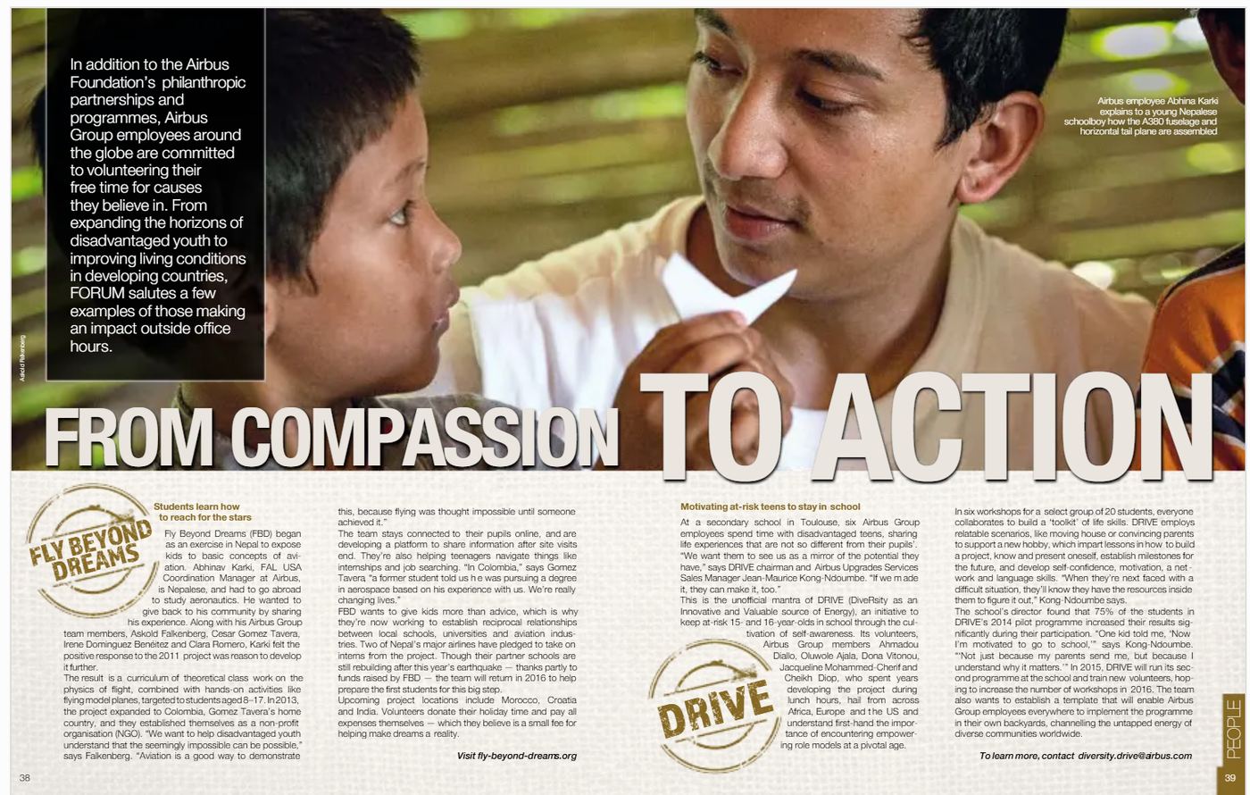 Airbus FORUM magazine spread featuring Abhinav Karki teaching a Nepali schoolboy