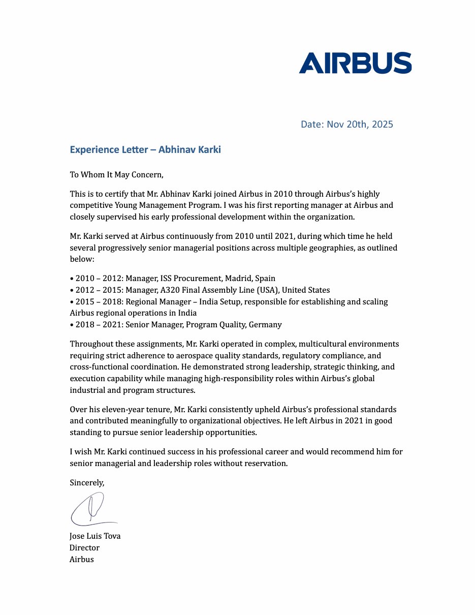 Airbus experience letter for Abhinav Karki