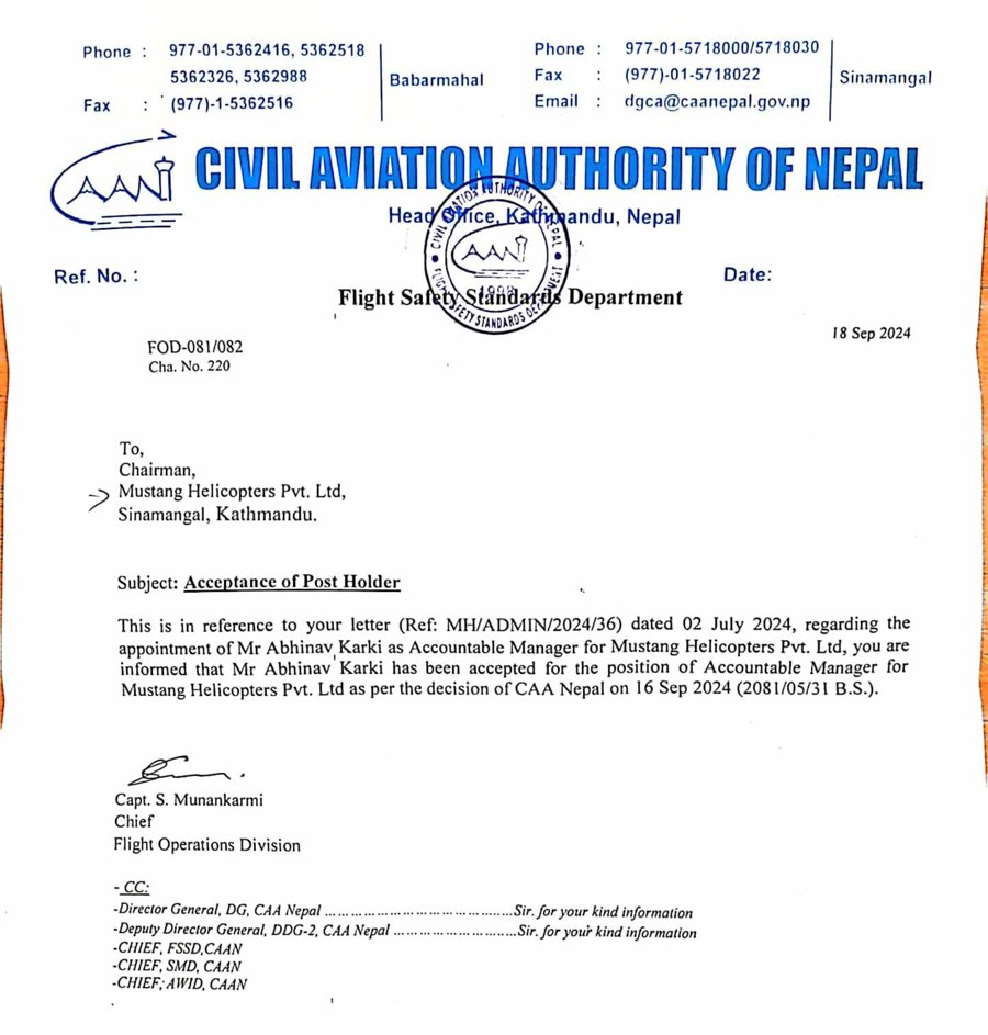 CAA Nepal letter accepting Abhinav Karki as Accountable Manager of Mustang Helicopters