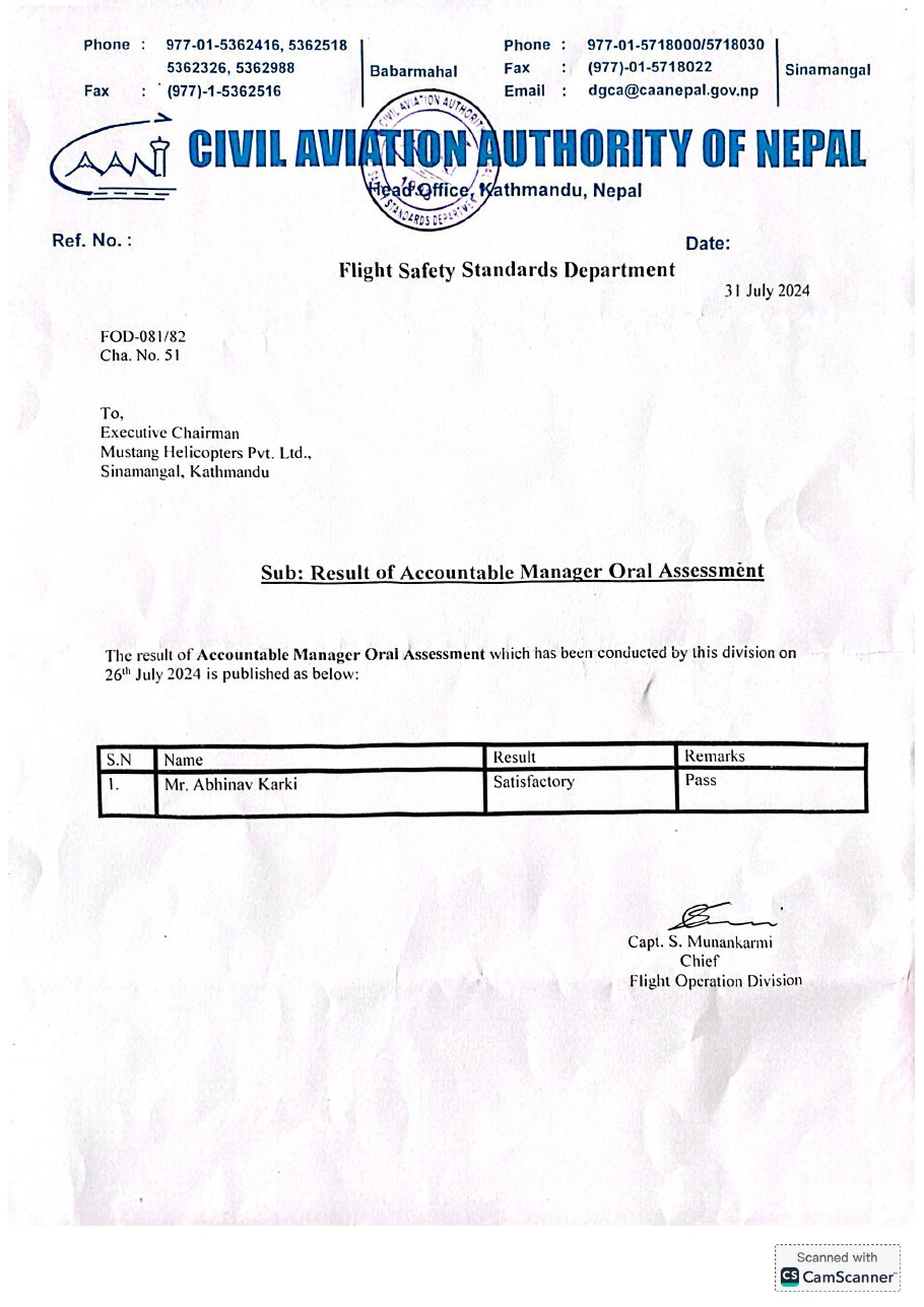 CAA Nepal letter with the result of Abhinav Karki's Accountable Manager oral assessment
